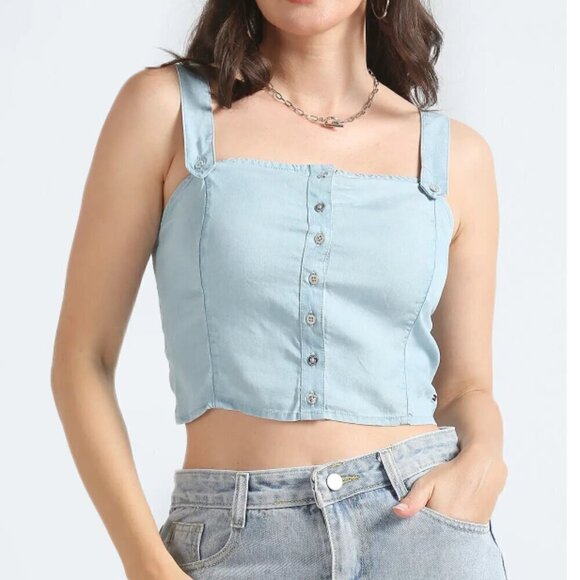#39 Tommy Hilfiger Full Button Placket Tank Chambray Top in Light Blue - Picture 2 of 7